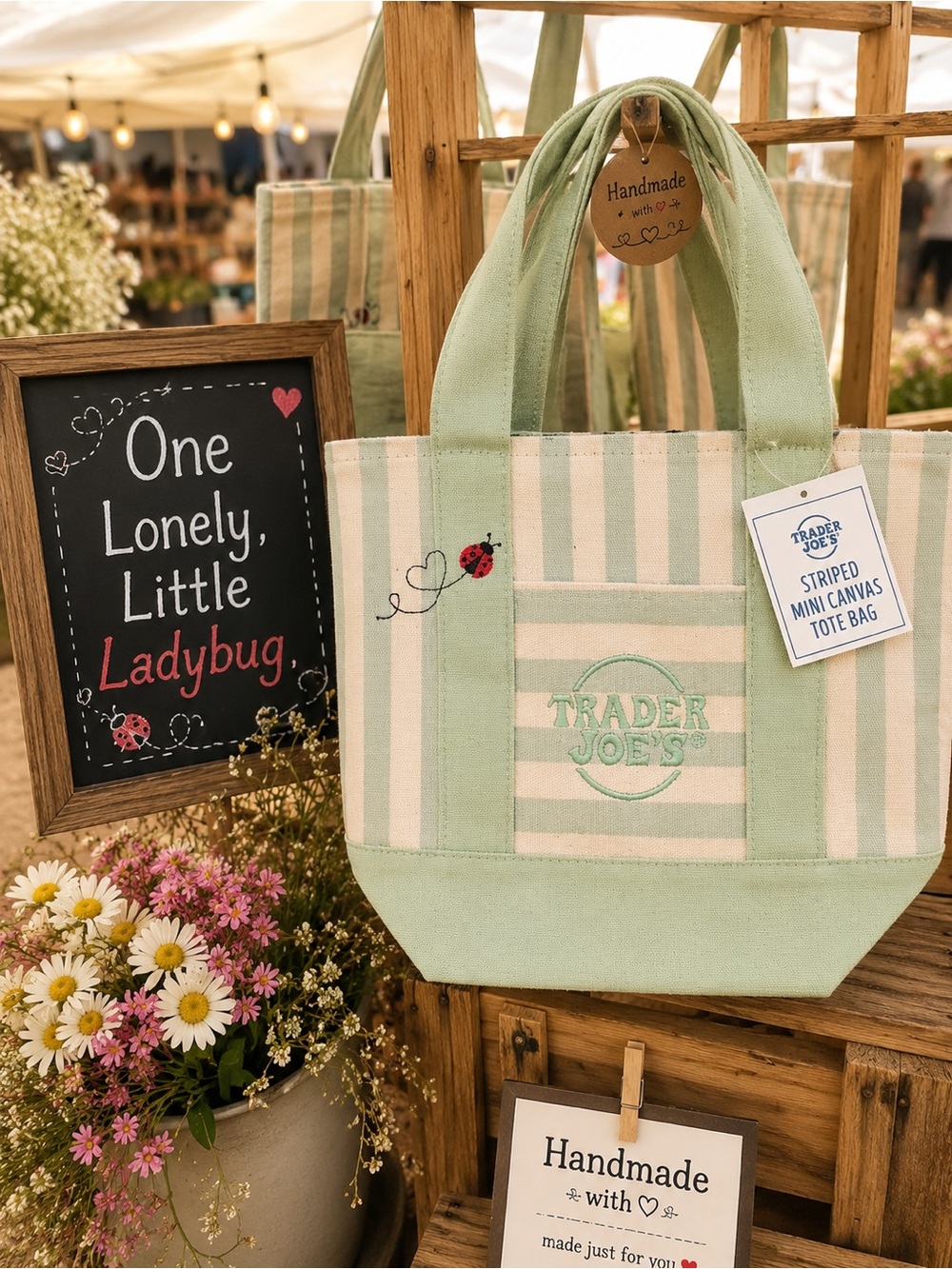 💚 Trader Joe’s Striped Mini Canvas Tote – Custom Ladybug Embroidery 🐞💚|NWT